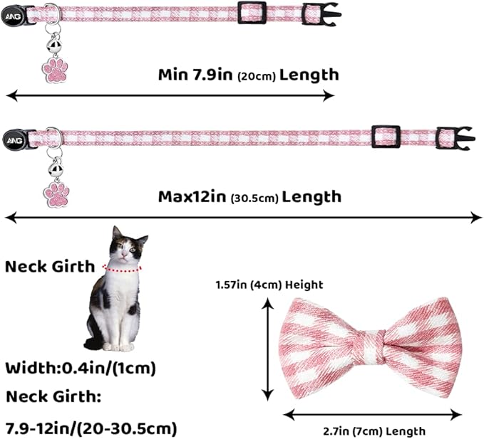 Personalized Breakaway Cat Collars - ID Tag, Bell, Bowtie - Safety Quick-Release, Customized for Girls & Boys Cats (Houndstooth-Pink)