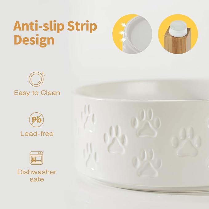 Elevated Ceramic Dog Bowls, 8.3" Dog Dishes with Stand, Elevated Food & Water Bowls for Large Breed Dogs, 2 Non-Slip Feeding Bowls, Microwave Safe (Double Bowls + Stand - White, 8 inch)