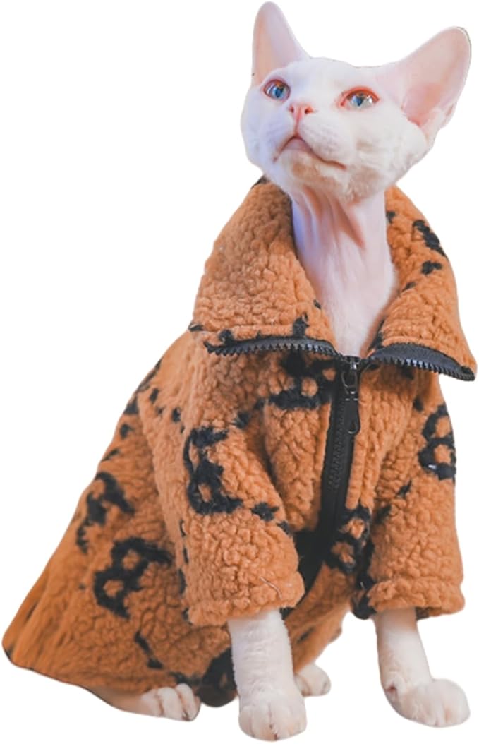 Turtleneck Sphynx Cat Winter Clothes, Double-Sided Fleece Jacket with Zipper, Sweater for Sphynx Cat Winter Warm Outfit Coat for Hairless Cats and Small Dogs Apparel with Sleeves (Brown, Medium)