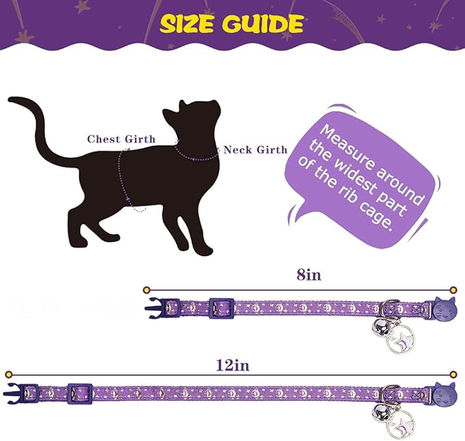PUPTECK 3 Pack Cat Collar with Bells Breakaway - Luminous Safety Small Kitten Collar Adjustable Moon Star Pink Black Purple, 8-12 in