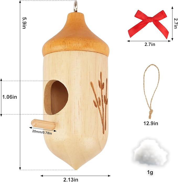 Hummingbird House, Wooden Hummingbird Houses for Outside Hanging, Humming Bird Nest Swinging, Wooden Bird Houses with Cotton, Bow, String, Gardening Gifts Decoration (3 Pack)
