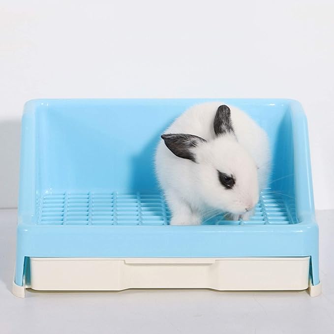 kathson Rabbit Litter Box Trainer Small Animal Potty Corner Toilet with Drawer Pet Cage Pan Litter Bedding Box for Adult Guinea Pig Hamster Bunny Ferret Galesaur Mouse Squirrel (Blue)
