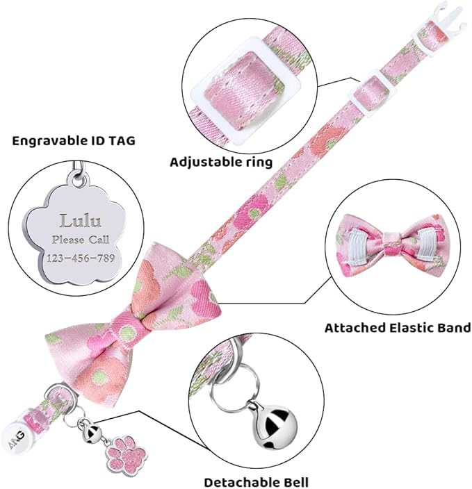 Personalized Breakaway Cat Collars - ID Tag, Bell, Bowtie - Safety Quick-Release, Customized for Girls & Boys Cats (Floral Pattern-Pink)