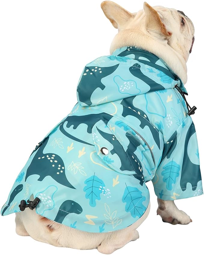 HDE Dog Raincoat Poncho Double Layer Zip Rain Jacket with Removable Hood, Leash Hole for Small to 3XL Dogs and Puppies Dinosaurs - L
