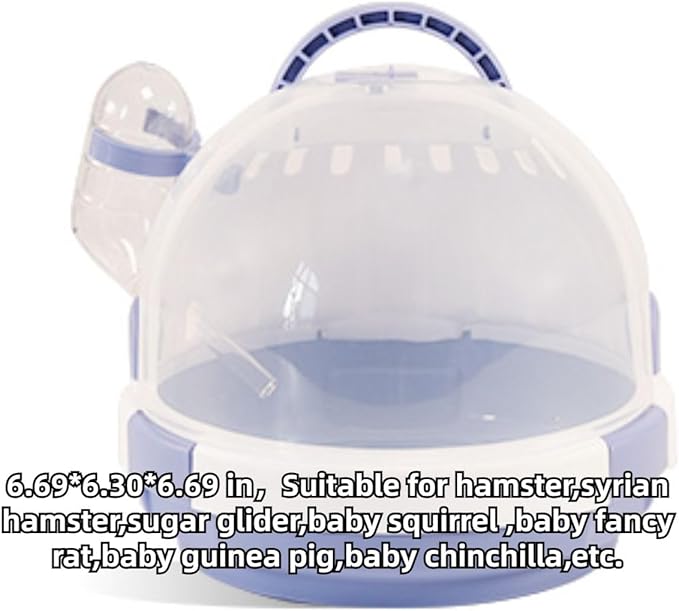 Hamster Carrier Cage with Lovely Cover and Chain Portable Cages Small Animals Carry Travel Case with Water Bottle Plastic Breathable Outgoing Cage for Dwarf Hamster Guinea Pig (Blue)