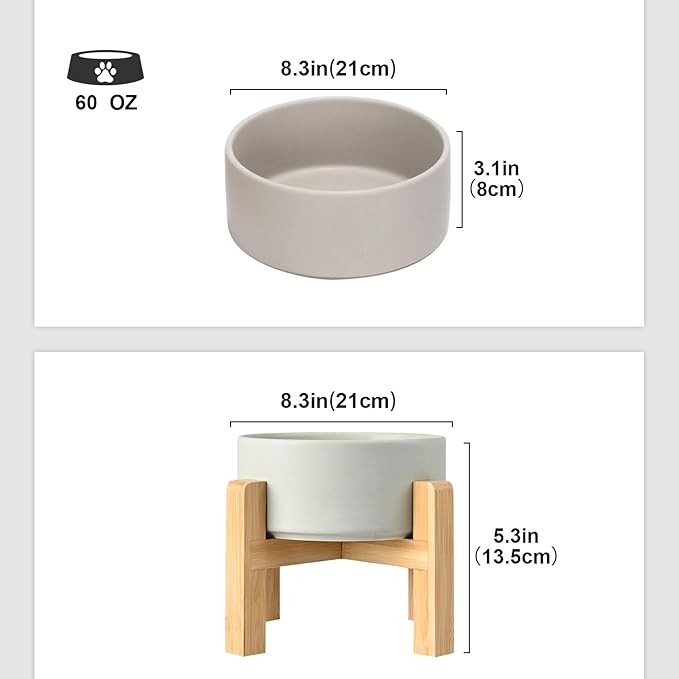 SPUNKYJUNKY Ceramic Elevated Dog Bowls 2 Pack - 8.3inch Raised Dog Bowls with Non-Slip Wooden Stand for Large Dogs Dishwasher Safe(Grey,60OZ*2)