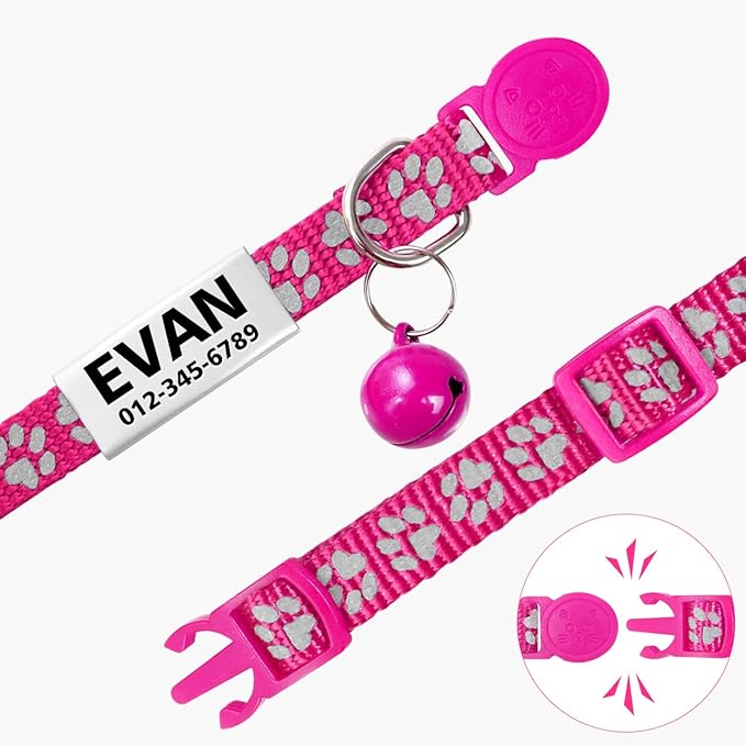 TagME 2 Pack Cat Collar with Name Tag, Personalized Reflective Cat Collar Breakaway with Bell for Boy & Girl Kitten, Hot Pink