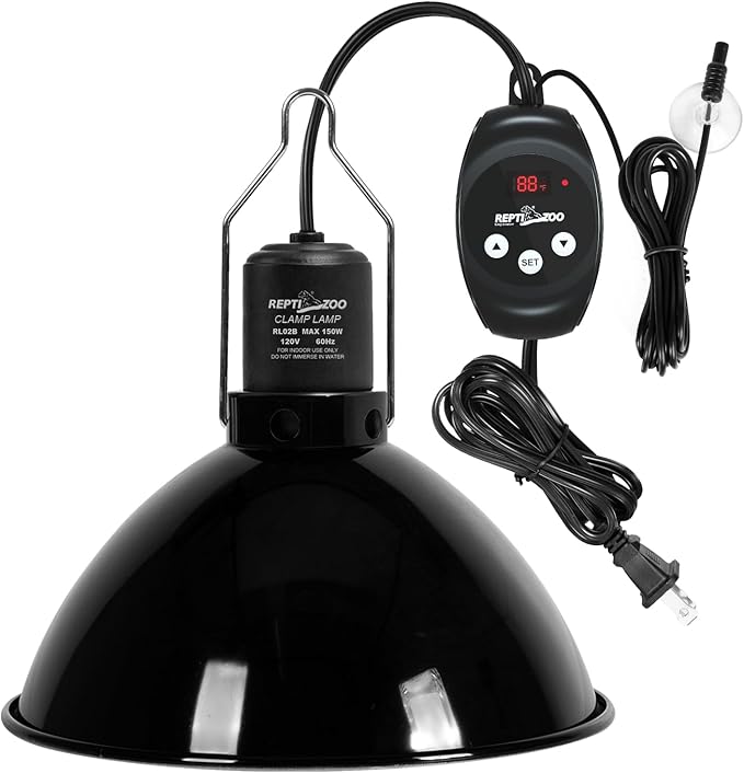 REPTI ZOO Reptile Light Fixture with Dimming Thermostat, 8.5 Inch Deep Dome Lamp Fixture with Reptile Heat Lamp Bulb Temperature Controller Reptile Dimming Thermostat Max 150W