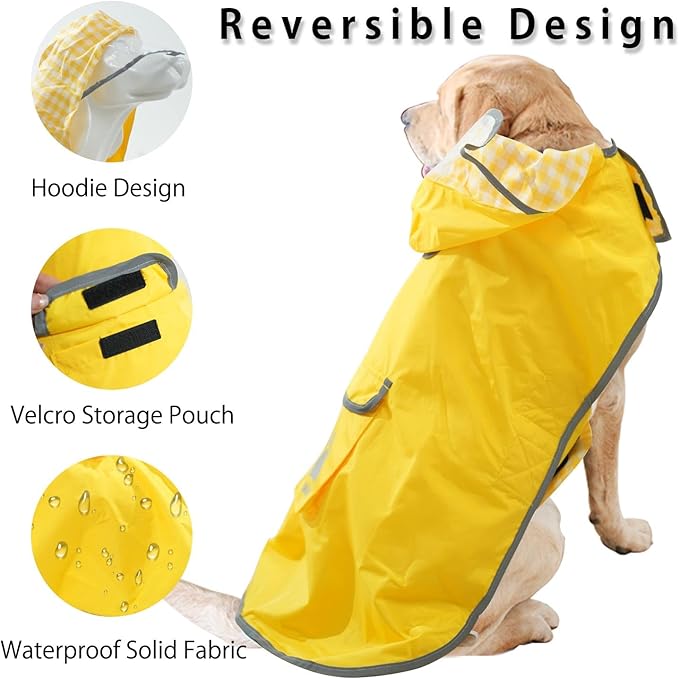 MAMORE Dog Raincoat Reversible,Waterproof Dog Rain Coat Hooded Slicker Poncho with Reflective Strip, Plaid Double Layer Rain Jacket for Small Medium Large Dogs (Yellow, Large)