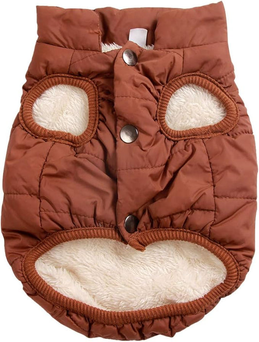 2 Layers Fleece Lined Warm Dog Jacket for Puppy Winter Cold Weather,Soft Windproof Small Dog Coat,Brown S