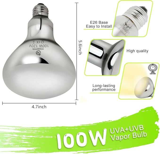 100W UVA UVB Vapor Reptile Heat Lamp, High Intensity Self-Ballasted UVB Basking Lamp Bulb,Full Spectrum Sun Light for Reptiles and Amphibians