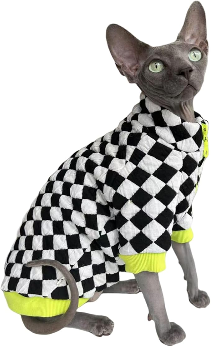 Turtleneck Sphynx Cat Winter Clothes, Double-Sided Fleece Jacket with Zipper, Sweater for Sphynx Cat Warm Outfit Coat for Hairless Cats and Small Dogs Apparel with Sleeves (Checkerboard, Medium)