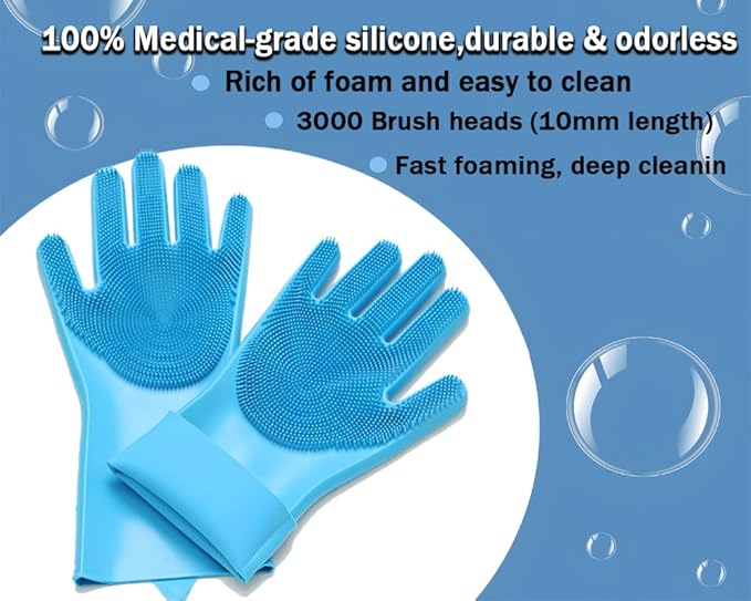 1 pairs Silicone Dishwashing & Pet Grooming Gloves - 2-in-1 Heat Resistant Gloves with High-Density Teeth, Enhanced Five Finger Design for Bathing, Cleaning Dishes, Cars, Dogs & Cats (Blue)
