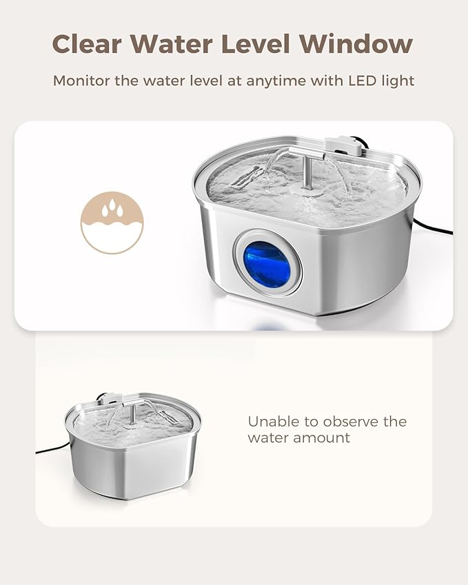 Cat Water Fountain Stainless Steel - Pet Drinking Fountain for Cats Indoor - 3.2L/108oz Automatic Water Dispenser with Watering Level Window (4 Filter)