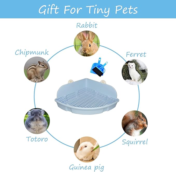 PINVNBY Extra Large Corner Litter Box for Rabbits, Guinea Pigs, Ferrets | 18.3" Fan-Shaped Potty Trainer with Anti-Spill Guard, Durable Plastic & Cage Clips | Easy-Clean Small Animal Toilet Pan (Blue)