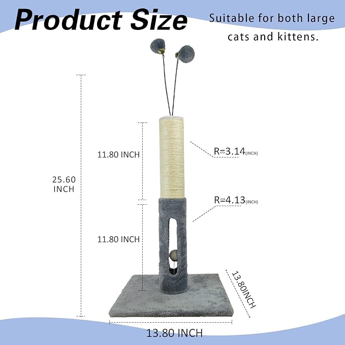 Cat Scratching Post 25 Inches Heavy Duty and Thicker Cat Scratching Post Cotton Rope with Hanging Ball and Mice Scratching Post for Indoor Cats and Adult (Gray, 25" H)