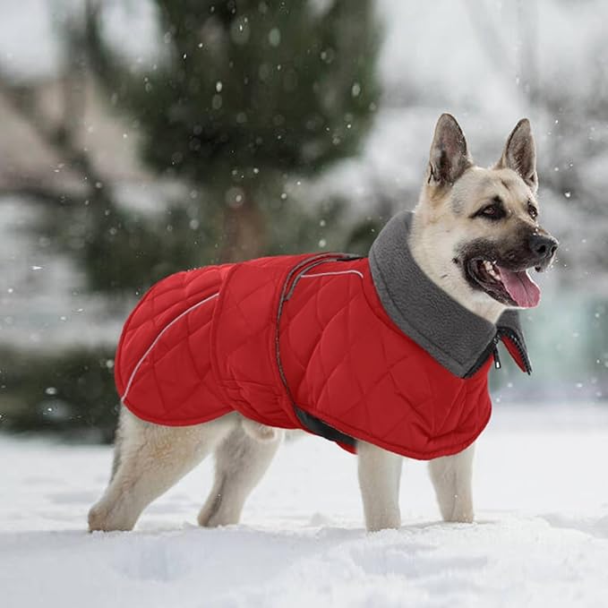 Kuoser Super-Warm Dog Coat Windproof Cold Weather Coats for Extra Large Dogs, Fleece Lining Turtleneck Dog Jacket Reflective Adjustable Pet Winter Snowsuit, Red 3XL