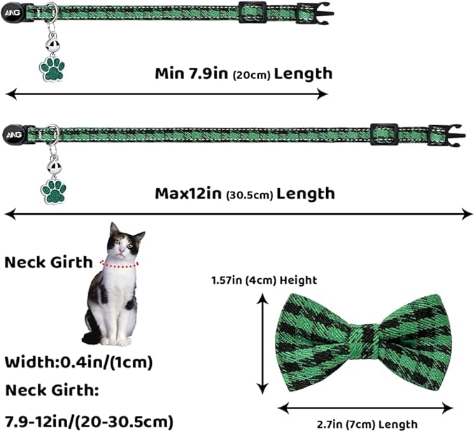Personalized Breakaway Cat Collars - ID Tag, Bell, Bowtie - Safety Quick-Release, Customized for Girls & Boys Cats (Houndstooth-Green)