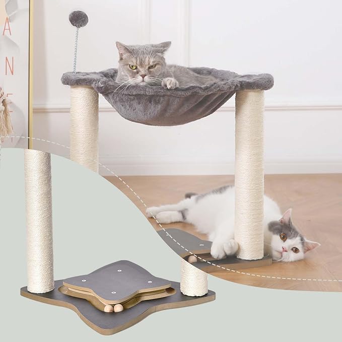 Simple Deluxe Small Cat Tree Tower with Scratching Post, 4-in -1Cat Tree with Hammock,Dangling Ball,Natural Sisal Cat Scratcher,Wooden Interactive Track Ball Base for Indoor Kittens,18inches