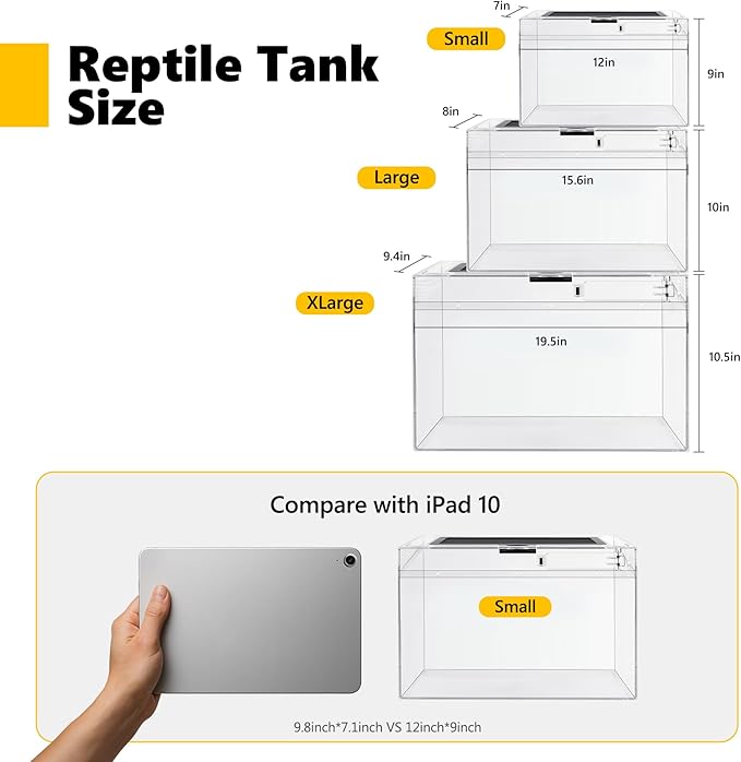 Reptile PC Terrarium,Anti Breakage 12x7x9 inch Insect Amphibians Tank Spider Starter Kits,Top Sliding Door Screen Ventilation Mini Gecko Habitat Cages,Hygrometer Thermometer,Hide Cave,Tweezer,Sprayer