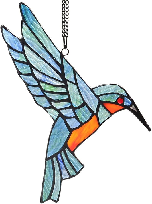 Bieye W10049 Hummingbird Tiffany Style Stained Glass Window Hangings Suncatcher with Chain and Suction Cup Hook (7" W x 8" H)