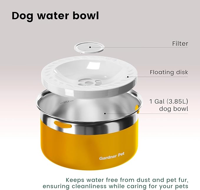 Gardner Pet Dog Bowls 1 Gallon (3.85L) Stainless Steel No Spill Dog Water Bowl, Slow Water Feeder Metal Bowls, Spill Proof Water Dispenser for Large Dogs, Promotes Healthy Hydration(Black)