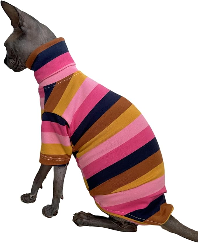 Vintage Stripes Sphynx Hairless Cats Shirt Cotton Cat Turtleneck Pet Clothes Kitten T-Shirts with Sleeves for Sphynx Cornish Rex, Devon Rex, Peterbald (Moning Glory, X-Large (Pack of 1))