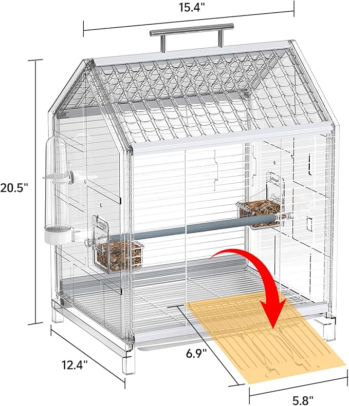 20.5 inch Pet Small Bird Cage, Parrot Cage, Portable Bird Carrier, Temporary Bird Cage in Car, for Home, Outing, Pet Clinic, Temporary Placement, for Small Medium Birds, Clear