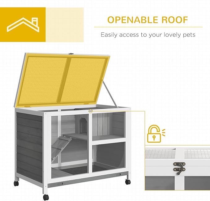 PawHut Rabbit Hutch with Wheels, Desk and Side Table Sized, Wooden Rabbit Cage, Waterproof Small Bunny Cage with Removable Tray, Openable Roof, for Indoor & Outdoor, Gray