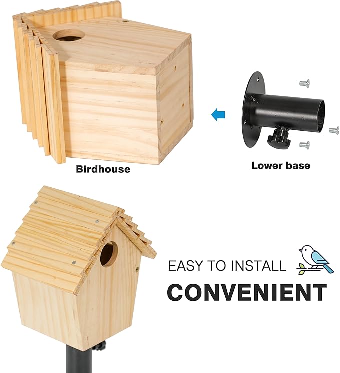 Chalet Style Large Bird House for Outdoor with Metal Tube, Thicken Wooden Hanging Birdhouse with Clear View Panel Clear View Panel Predator Guard Nesting Box for Swallow Wren Chickadee