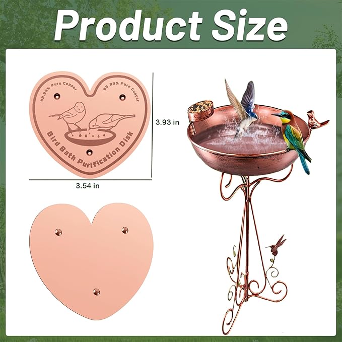 2-Pack 99.99% Pure Copper Bird Bath Purification Disk,Copper Disc with Stable Triple-Point Support,Fits All Outdoor Bird Baths(Heart-Shaped&Round)