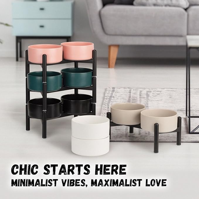 Raised Ceramic Dog Bowl Set - Elevated Double Dishes with Stainless Steel Stand - Food and Water Bowls for Small to Medium Dogs - Each Holds 2 Cups (28.75 fl oz) - Black