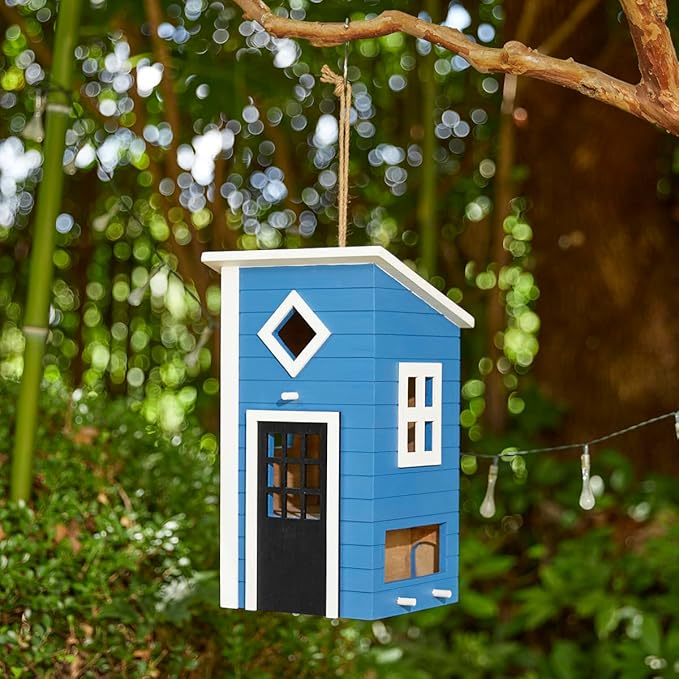 Glitzhome Large Bird Houses for Outside, Hanging Bird Houses for Outdoors, 14"H Modern Hand Painted Solid Wood Cottage Hummingbird House, Functional Decorative Birdhouse for Garden Patio Backyard,Bule