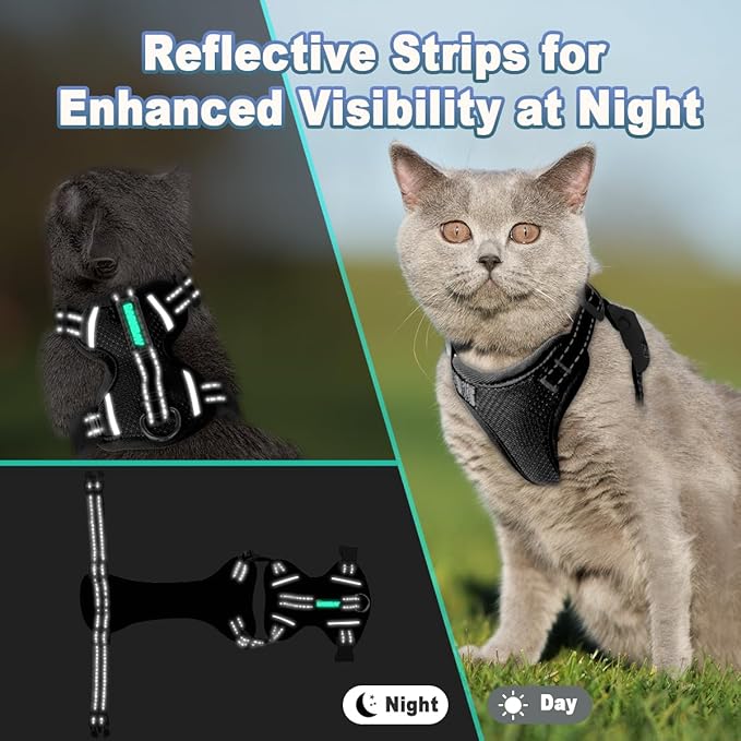Cat Harness and Leash Set Escape Proof for Kitten Walking, Soft Adjustable Top Handle Vest Harnesses for Cats, Easy Control Breathable Reflective Small Medium Large, Black, XS
