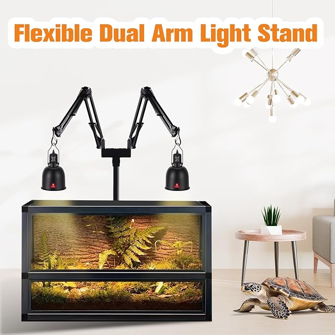 Dual Reptile Lamp Stand Reptile Light Stand with Two Flexible Brackets, Height Adjustable (15.7 inch to 74.3 inch) for Hanging Heat Lamp Holder and Light Fixture