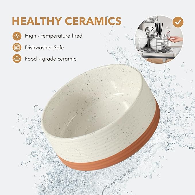 Ceramic 5.1inch Raised Double Bowls Set with Acacia Wood Stand, 2 Heights Elevated, Food & Water Bowls for Puppy, Kitty, Cats(13.5oz, Vanilla White)