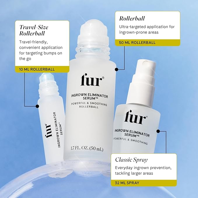 Fur Ingrown Eliminator Serum Rollerball Travel Size - Powerful Ingrown Hair Treatment Serum With AHAs and BHAs to Treat Ingrown Hairs and Bumps, Hydrates and Soothes Irritated Skin - 10 ml