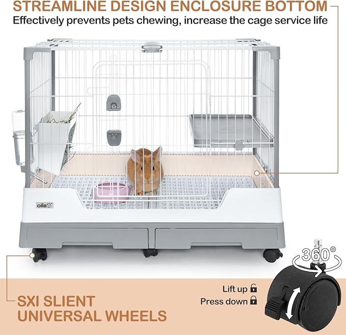 OIIBO Deluxe Rabbit Cage, 32" × 21" × 26" Large Space Bunny Cage Foldable Small Animal Cage with Pull Out Tray and Caster Platform, Professional Household Anti-Spray Urine Rabbit Cage Hutch Indoor