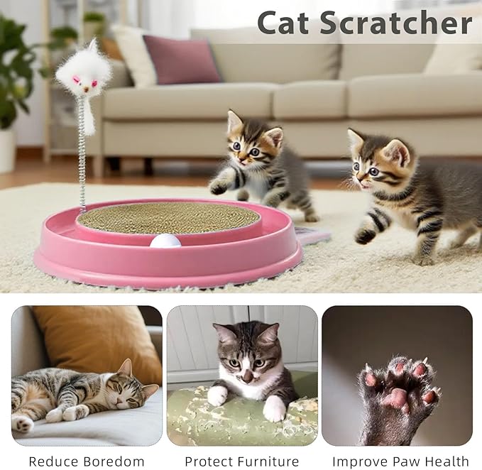Interactive Cat Scratcher Toy, Round Plastic Scratching Pad with Ball Track & Mouse, Engaging Puzzle for Indoor Adult Cats and Kittens-Pink