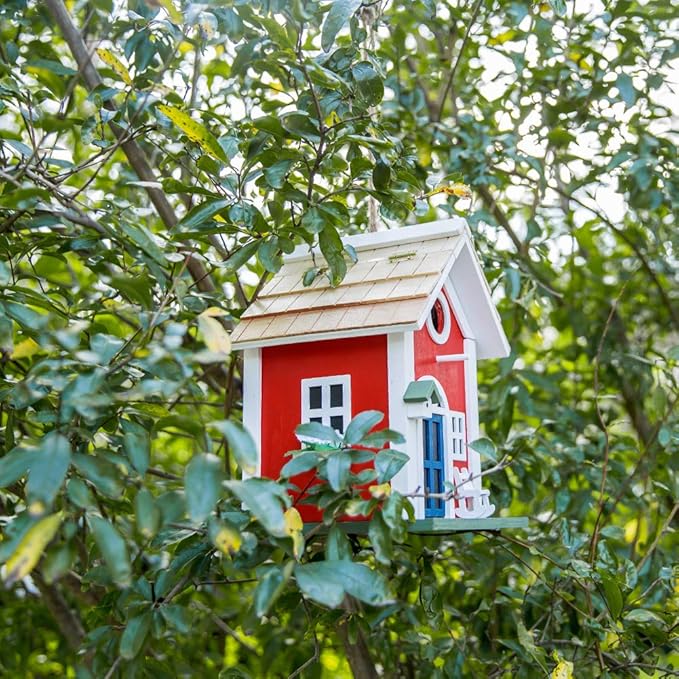 MEWANG Hanging Colourful Birdhouse Garden Country Cottages Bird House Condo Wooden Red Height 9.7"