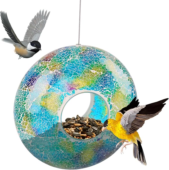 Topadorn Bird Feeder Fly Through Mosaic Round Stained-Glass Birdfeeder, Outdoor Hanging Birdfeeder for Garden Decoration Gift, Colorful Bird Feeder, 9"