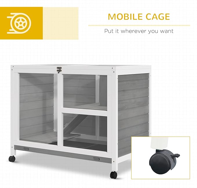 PawHut Rabbit Hutch with Wheels, Desk and Side Table Sized, Wooden Rabbit Cage, Waterproof Small Bunny Cage with Removable Tray, Openable Roof, for Indoor & Outdoor, Gray