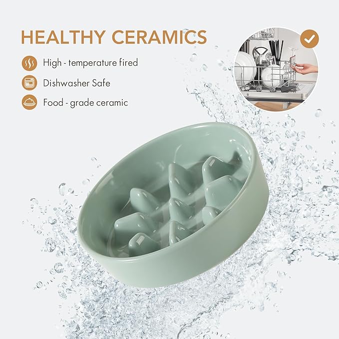 7.3inch Ceramic Dog Raised Slow Feeder Set, Elevated Bowl with Wooden Stand for Medium and Small Dog, Slow Feeder Dish for Fast Easters(Light Green, Single Bowl+ Stand)