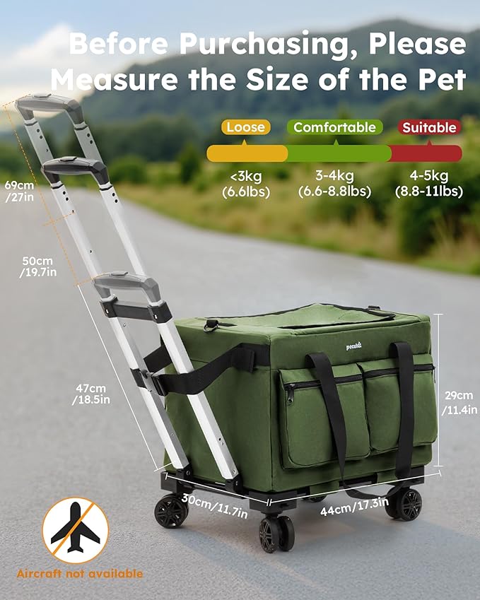 Pecute Cat Carrier with Wheels,Steel Wire Frame Cat Carrier, Stable Pet Trolley for Cats, Pet Handbag and Stroller Bag, Portable Cat Bag for Travel Bus Subway, Green