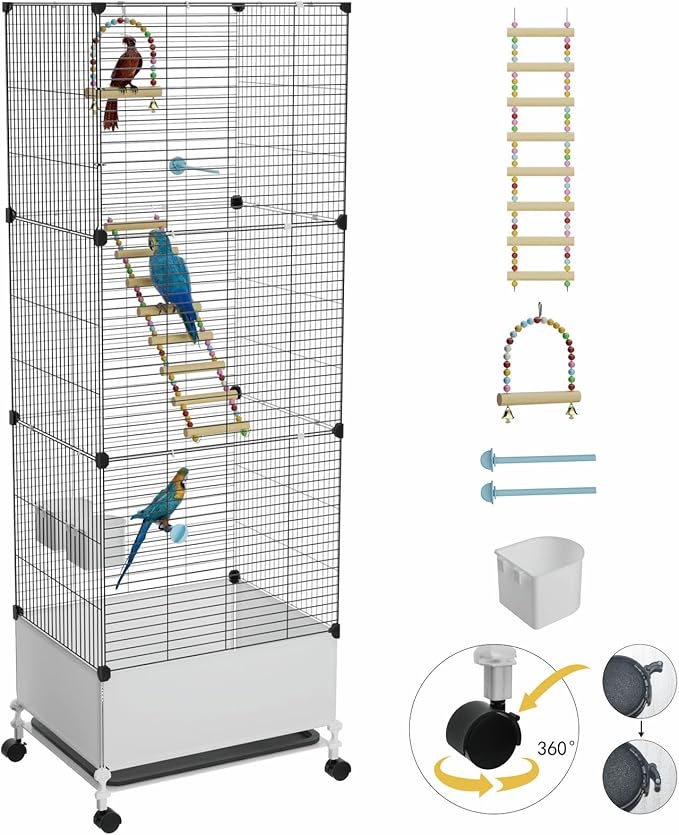 Extra Large Bird Cage, Black Parakeet Cages with Rolling Stand & Wheels, Wide Birdcage for Parrots Cockatiels Conure Budgie Canary Finch Lovebird
