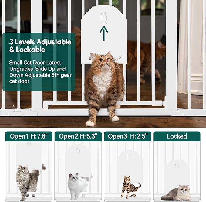 Babelio Auto Close Baby Gate with Cat Door,29-43" Metal Gate for Doorway,Stairs, House,Easy Walk Thru with Pet Door,Includes 4 Wall Cups and 3 Extension Pieces,White