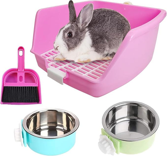 PINVNBY Rabbit Litter Box for Cage Bunny Corner Bedding Box Small Animal Litter Pan Hanging Pet Bowls Cage Potty Trainer Pet Toilet for Rabbit Bunny Guinea Pigs