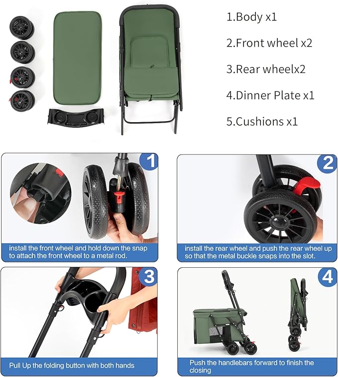 Pet Stroller Cat Dog Stroller Travel Folding Pet Carriers(Green)