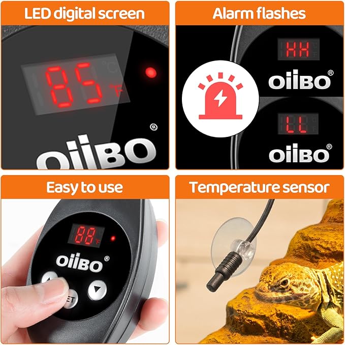 Oiibo Reptile Light Fixture with Dimming Thermostat, 5.5 Inch Deep Dome Lamp Fixture, PID Temperature Controller for Reptile Heat Lamp Bulb, Max 100W