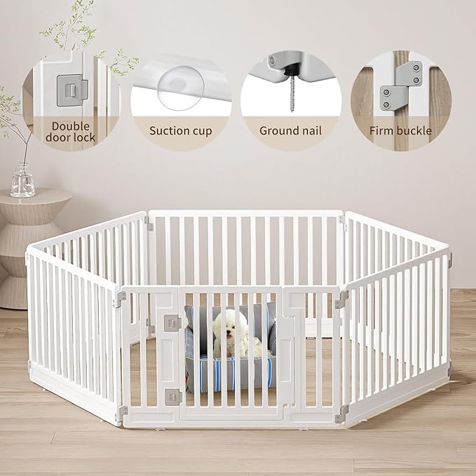 Pet Playpen Foldable Gate for Dogs Heavy Plastic Puppy Exercise Pen with Door Portable Indoor Outdoor Small Pets Fence Puppies Folding Cage 4 Panels Medium Animals House Supplies (PPW-WHITE06, White)